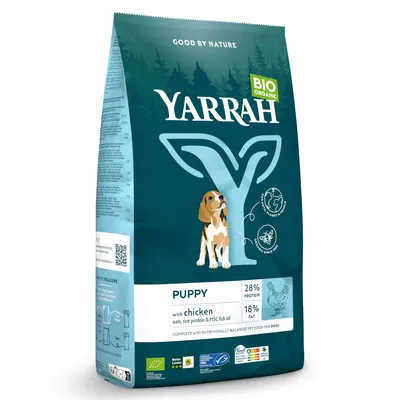 Sac Yarrah Bio Organic Puppy, 28 % protéines, 18 % matières grasses, avec poulet, avoine, protéine de riz et huile de poisson MSC. Labels bio et durabilité visibles sur l’emballage.