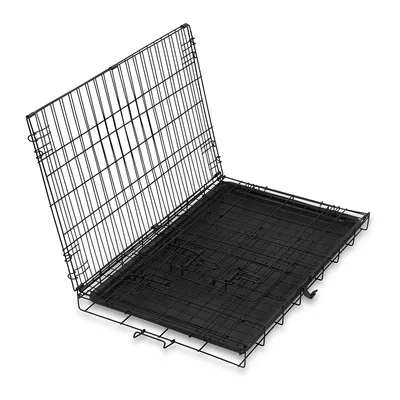 Cage pliante en métal noir pour chien, vue ouverte à plat avec fond amovible en plastique visible. Aucun accessoire ou marque n’est apparent.