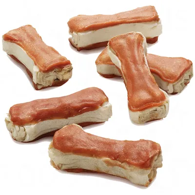 Bone-shaped chew treats with a light base and reddish-brown coating, shown in a group on a white background.