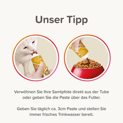 Unser Tipp: Geben Sie Ihrer Samtpfote die Paste direkt aus der Tube oder über das Futter. Täglich ca. 3cm Paste und immer frisches Trinkwasser bereitstellen.