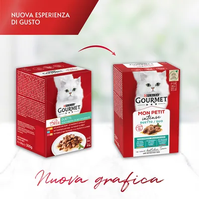 Confronto tra vecchia e nuova confezione di Purina Gourmet Mon Petit Intense Duetto/Duo per gatti, 6 x 50 g. Testo visibile: 'Nuova esperienza di gusto', 'Nuova grafica'.