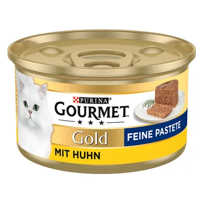 Purina Gourmet Gold Fine Pâté con pollo, cibo in lattina per gatti dorata con immagine di un gatto bianco e pâté servito su un piatto.