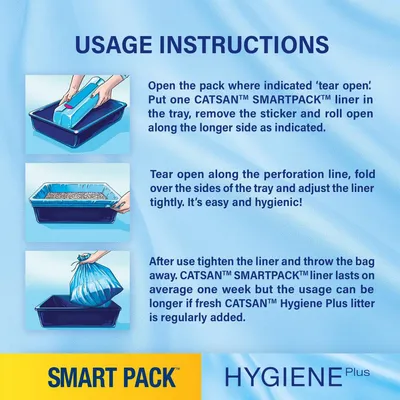 Upute za korištenje na engleskom jeziku za CATSAN SMARTPACK: postavljanje, otvaranje i uklanjanje uloška iz mačjeg WC-a. Prikazane tri ilustracije postupka.