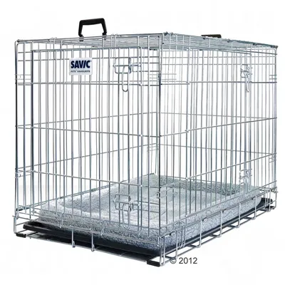 Metal wire pet crate with front and side doors, secure latches, a handle on top, and a removable tray at the base. Includes a soft grey mat inside.