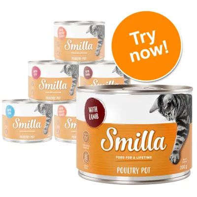 Smilla Poultry Pot cat food tins, visible flavours: with lamb, with beef, with fish, with poultry hearts. Large orange circle with white text: Try now! 200g tin shown in front.