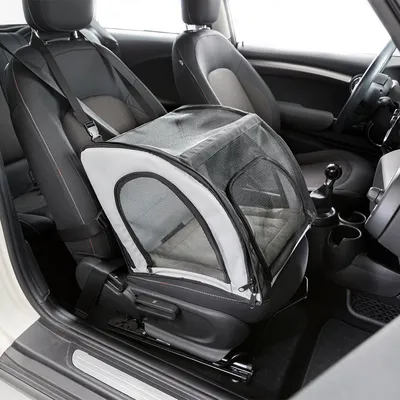 Transport bag with mesh windows on a car seat, secured with seat belts.