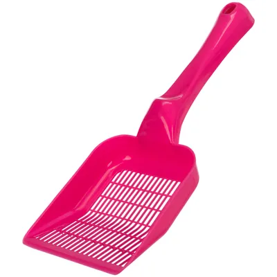 Růžová plastová lopatka na kočičí stelivo se síťovanou strukturou pro čištění steliva.