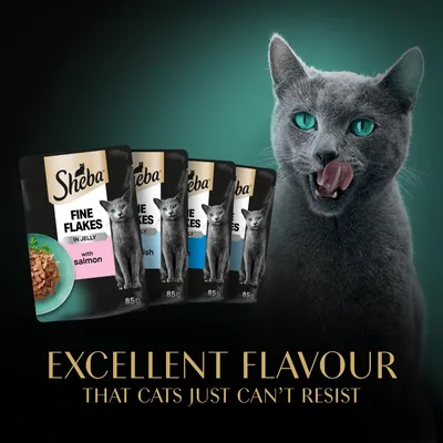 Sheba Fine Flakes in Jelly pouches with visible flavours and text stating 'Excellent flavour that cats just can’t resist'.