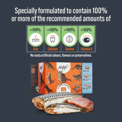 Product contains over 100% of recommended zinc, calcium, taurine and vitamin A. No artificial colours, flavours or preservatives. Image shows fish pieces and a box with cats.