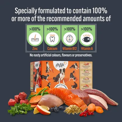 Product contains over 100% of recommended zinc, calcium, vitamin B12 and vitamin A. No artificial colours, flavours or preservatives. Ingredients shown include meat, fish, fruit and vegetables.