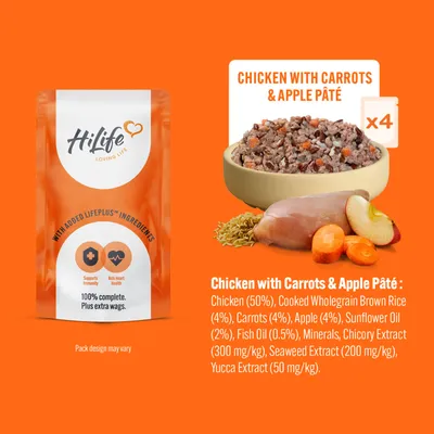 Chicken with carrots and apple pâté, contains chicken, wholegrain brown rice, carrots, apple, sunflower oil, fish oil, minerals, chicory extract, seaweed extract, yucca extract. Pack of 4.