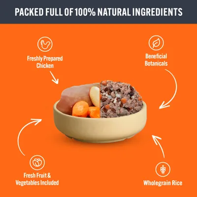Image showing key ingredients: freshly prepared chicken, fresh fruit and vegetables, wholegrain rice, and beneficial botanicals. Text states packed full of 100% natural ingredients.
