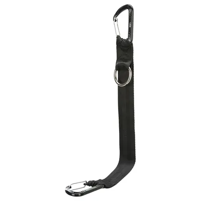 Black safety belt with two carabiners and metal ring, suitable for attaching accessories.