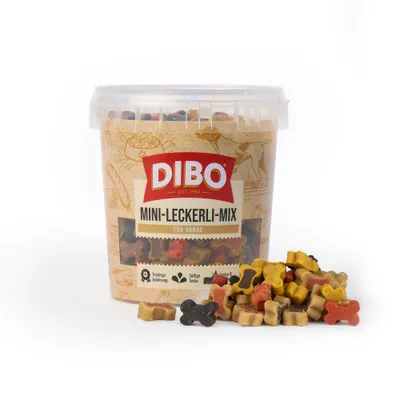 DIBO Mini Treat Mix for Dogs, training reward, juicy texture, delicious & aromatic. Various colourful bone shapes visible in the tub. DIBO Mini Treat Mix for Dogs, training reward, juicy texture, delicious & aromatic. Various colourful bone shapes visible in the tub.