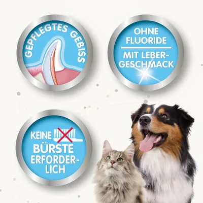 Product benefits: well-groomed teeth, fluoride-free with liver flavour, no brush required. Shown are a dog and a cat.
