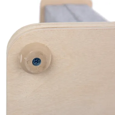 Detailansicht einer Holzverbindung mit beige Kunststoffabdeckung und blauem Kreuzschlitzschraubenkopf.