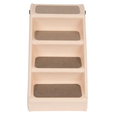 Vierstufige beige Treppe mit rutschfesten grauen Trittflächen, geeignet für Haustiere.