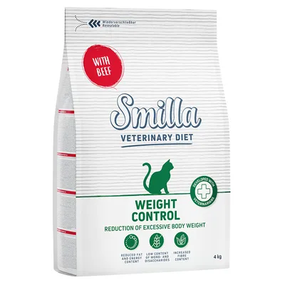 Smilla Veterinary Diet Weight Control with Beef, 4 kg. Text: Reduction of excessive body weight, reduced fat and energy content, low content of mono- and disaccharides, increased fibre content.