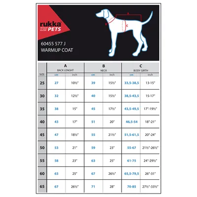 rukka PETS Warmup Coat -kokotaulukko: selän pituus 27–67 cm, kaula 39–71 cm, rinnan ympärys 33,5–85 cm. Taulukossa koot 25–65 ja mittausohjeet koiralle.
