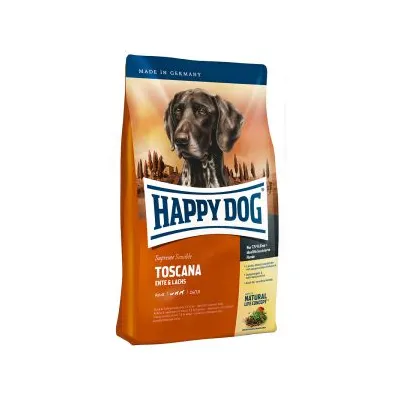 Opakowanie karmy Happy Dog Toscana Ente & Lachs, widoczny napis Made in Germany oraz Natural Life Concept. Na opakowaniu ilustracja psa i krajobraz.