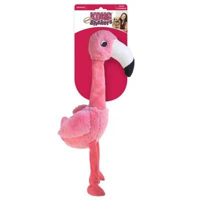 KONG Shakers Plüschspielzeug in Flamingo-Form, rosa mit schwarzem Schnabel. Verpackung zeigt Marke KONG und Produktname.