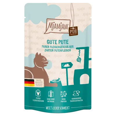 Mjamjam Gute Pute. Puro piacere di carne da tenera carne di tacchino. Alta qualità di produzione tedesca. Senza cereali, mono-proteina, contiene sufficiente taurina.
