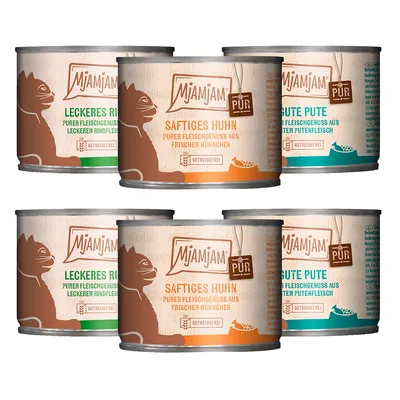 Conserve MjAMjAM pentru pisici, vizibile sortimente: Leckeres Rind, Saftiges Huhn, Gute Pute. Text pe ambalaj în germană, etichetă Getreidefrei. Ilustrație siluetă de pisică.