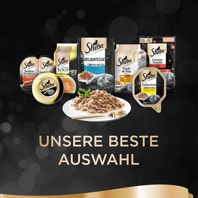 Ассортимент влажных кормов для кошек Sheba: Perfect Portions, Classic Soup, Delikatesse in Gelee, Fresh & Fine, Creamy Snacks, Selection in Sauce. Текст на немецком: UNSERE BESTE AUSWAHL.