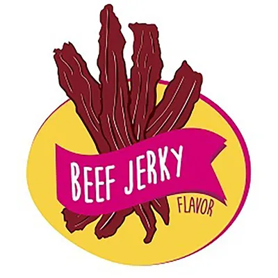 Sabor a Beef Jerky, ilustración de tiras de carne seca sobre fondo amarillo con banda rosa.
