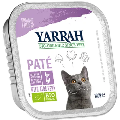 Yarrah Bio-Organic Since 1992, Paté with Aloe Vera, mit Huhn & Truthahn, BIO ORGANIC, grain free recipe, 100 g. Kuvassa harmaa kissa ja sertifikaattimerkintä.