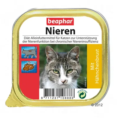 beaphar Nieren, aliment diététique pour chats, texte en allemand, photo de chat, illustrations de poulet et d’un chat, code-barres, mention Mit Hähnchenbrust