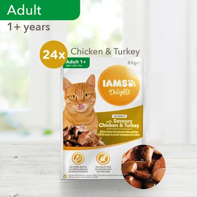 IAMS Delights Adult 1+ with Savoury Chicken & Turkey, 24 x 85 g. Billede af kat og foderstykker i sauce. Tekst: EN STRONG MUSCLES, EN HEALTHY SKIN.