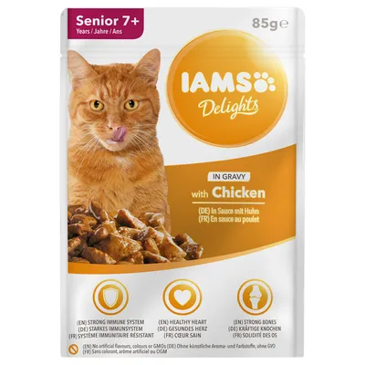 IAMS Delights Senior 7+ kattemad i sauce med kylling, 85 g. Tekst: strong immune system, healthy heart, strong bones. Ingen kunstige aroma- og farvestoffer, uden GMO.