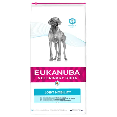Sac de croquettes Eukanuba Veterinary Diets Joint Mobility, 12 kg, avec un chien illustré et texte visible : soutien nutritionnel pour la mobilité. Marque Eukanuba.