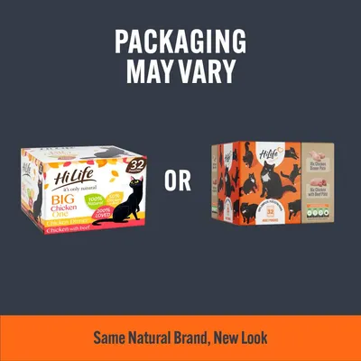 Image shows two different HiLife 32 pouch boxes with text 'Packaging may vary'. Banner below states 'Same Natural Brand, New Look'.