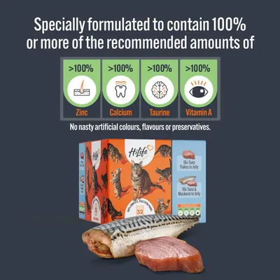 Product contains over 100% of recommended zinc, calcium, taurine and vitamin A. No artificial colours, flavours or preservatives. Includes tuna flakes in jelly and tuna with mackerel in jelly.
