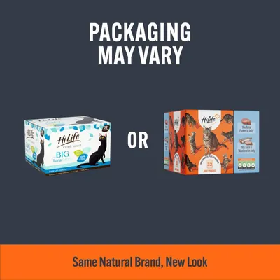 Image shows two HiLife product boxes with text 'Packaging may vary' and 'Same natural brand, new look', indicating possible differences in packaging for the same product.