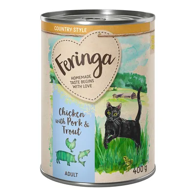 Feringa Country Style, Chicken with Pork & Trout, Adult, 400g. Illustration einer schwarzen Katze auf grünem Feld mit Huhn und Forelle.