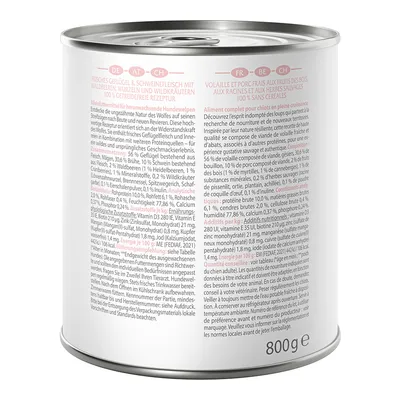 Dose mit 800g Inhalt. Frisches Geflügel und Schweinefleisch mit Wurzeln, Wildkräutern, 100% getreidefreie Rezeptur. Analyse: Protein 10%, Fett 6%, Feuchtigkeit 77,8%.