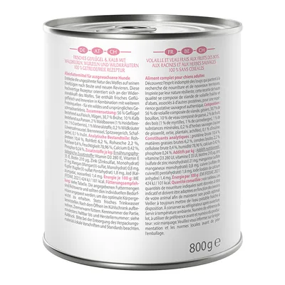 Dose mit 800g Inhalt: Frisches Geflügel & Kalb mit Waldbeeren, Wurzeln und Wildkräutern. 100% getreidefreie Rezeptur. Fütterungsempfehlung und analytische Bestandteile sichtbar.