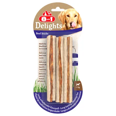 8in1 Delights Beef Sticks, pyszna wołowina w środku, długotrwała przyjemność żucia, odpowiednie dla psów powyżej 1 kg.