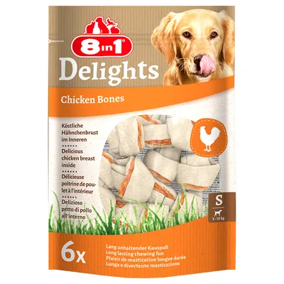 8in1 Delights Chicken Bones, okusna piščančja prsa v notranjosti, dolgotrajno žvečenje, paket 6 kosov, velikost S za pse 5–10 kg.