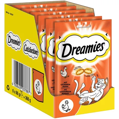 Dreamies prigrizki za mačke s piščancem, pakiranje 6 x 60 g, hrustljava lupina in kremasta sredica.