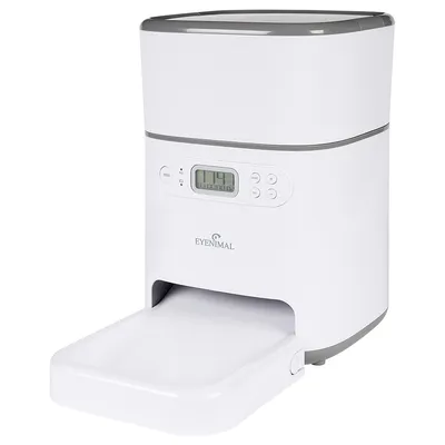 Eyenimal automatyczny podajnik karmy z wyświetlaczem LCD i przyciskami sterującymi, biały design, wysuwana miska na karmę.
