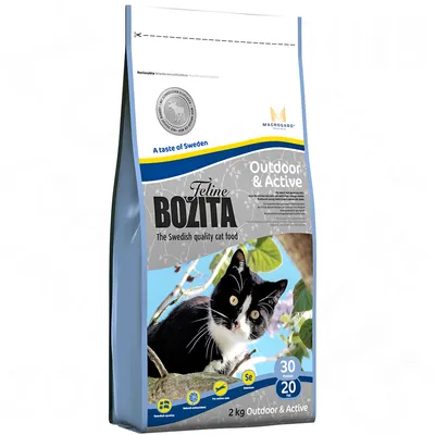 Feline Bozita Outdoor & Active, comida para gatos. Texto visible: The Swedish quality cat food, 30% proteína, 20% grasa, 2 kg, A taste of Sweden, MacroGard, Se, natural antioxidants.