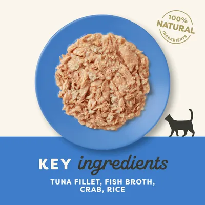 Key ingredients: tuna fillet, fish broth, crab, rice. 100% natural ingredients shown with food on a plate and cat icon.