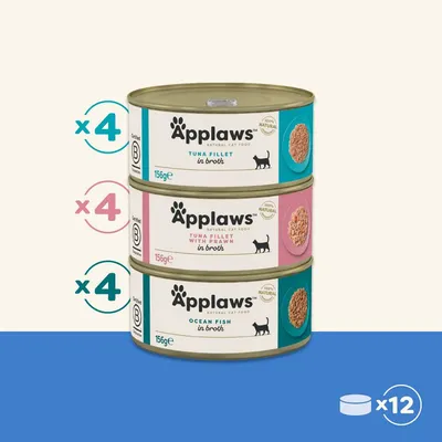 Image shows 12 tins: 4 tuna fillet in broth, 4 tuna fillet with prawn in broth, and 4 ocean fish in broth, each tin 156g.