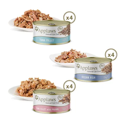 Applaws Natural Cat Food, 100 % luonnollinen. Lajit: tonnikalafilee, merikala, tonnikalafilee katkaravulla. Pakkaus 4 tölkkiä, 156 g/tlk.