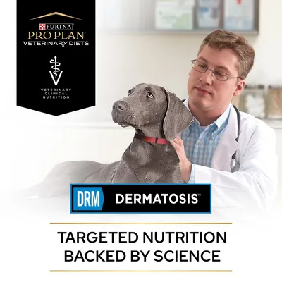 Purina Pro Plan Veterinary Diets DRM Dermatosis. Targeted nutrition backed by science for veterinary clinical nutrition.