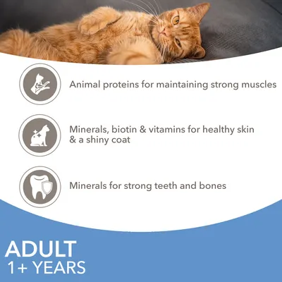 Tekst na engleskom: Animal proteins for maintaining strong muscles; Minerals, biotin & vitamins for healthy skin & a shiny coat; Minerals for strong teeth and bones. ADULT 1+ YEARS.